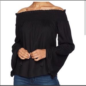 PAIGE Cherita Off Shoulder Black Ruched Top Blouse Smocked Small